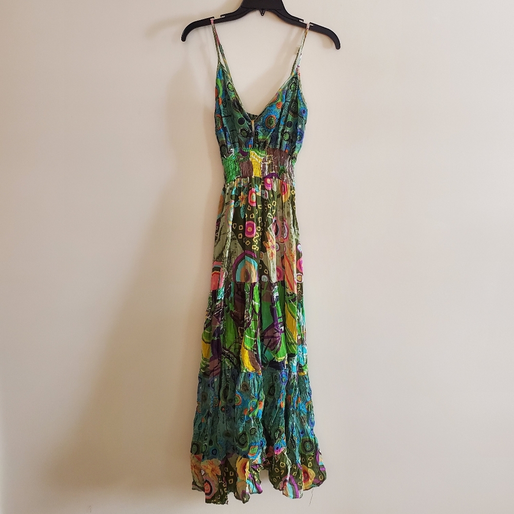 Vibrant Tiered Mixed Florals Maxi Cotton Printed Dress Made In India Size Medium